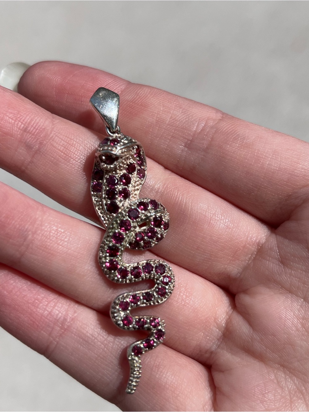 925 Sterling Silver Pave Gemstone Snake Pendant 2.5ā Pink Stones